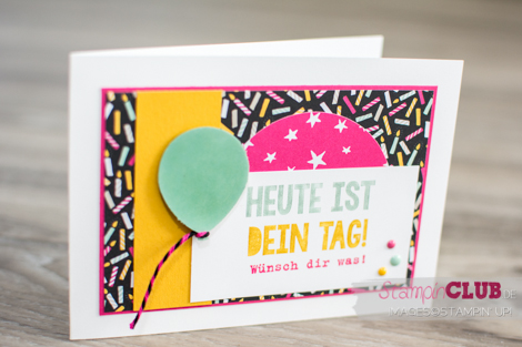 Stampin Up Meine Party Designerpapier It's My Party DSP Kein Geburtstag ohne Kuchen Party with Cake Stanze Luftballons Balloon Bouquet Punch