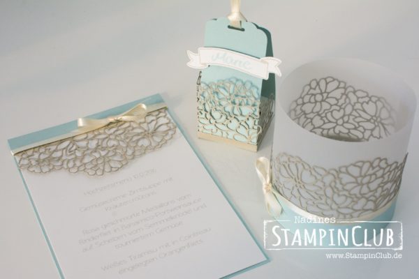 StampinClub, Stampin' Up!, Hochzeitspapeterie, Winterhochzeit, Liebe zum Detail Thinlits Formen, Menükarte, Tischkarte, Windlicht