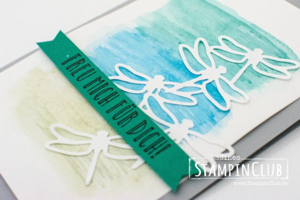 Stampin Up, StampinClub, Thinlits Formen Libelle, Detailed Dragonfly Thinlits Dies, Watercolor, Aquarell, Feierstimmung, Happy Celebrations