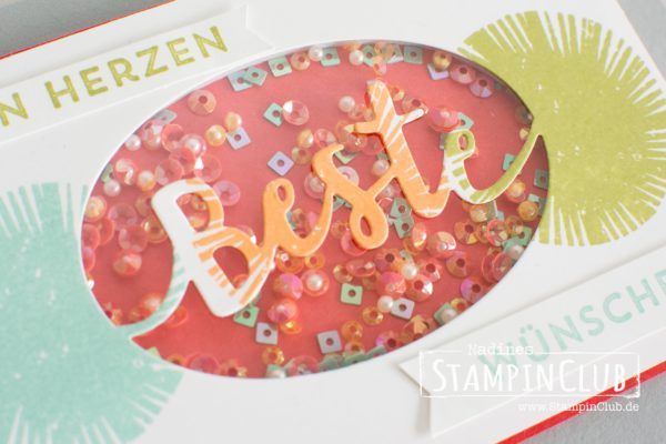 Stampin' Up!, StampinClub, Beste Grüße, Lovely Inside & Out, Thinlits Formen Liebevolle Worte, Lovely Words Thinlits Dies, Schüttelkarte, Shaker Card