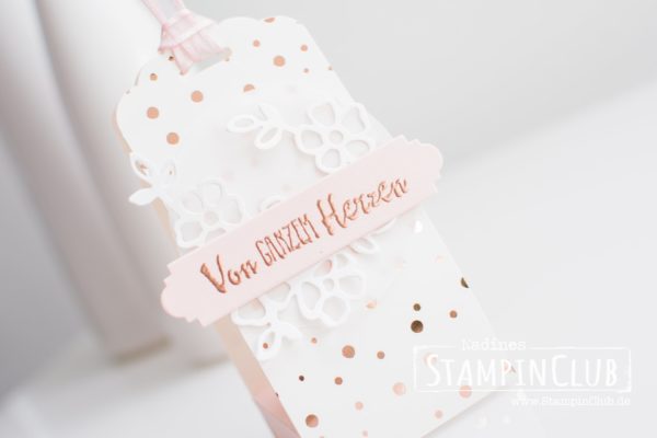 Stampin' Up!, StampinClub, Gastgeschenk, Gästegoodie, Designerpapier Frühlingsglanz, Blütentraum, Gewellter Anhänger, Ferrero Rocher, Hochzeit