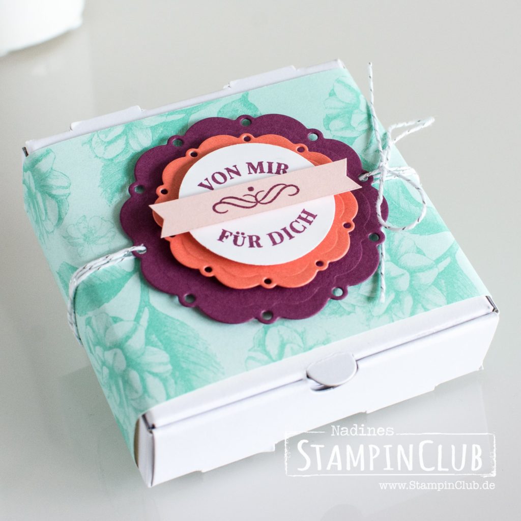 Mitbringsel, Stampin' Up!, StampinClub, Teestube DP, Tea room SDSP, Teezeit, Time for Tea, Framelits Teepause, Spot of Tea Framelits, Mini-Pizzaschachteln