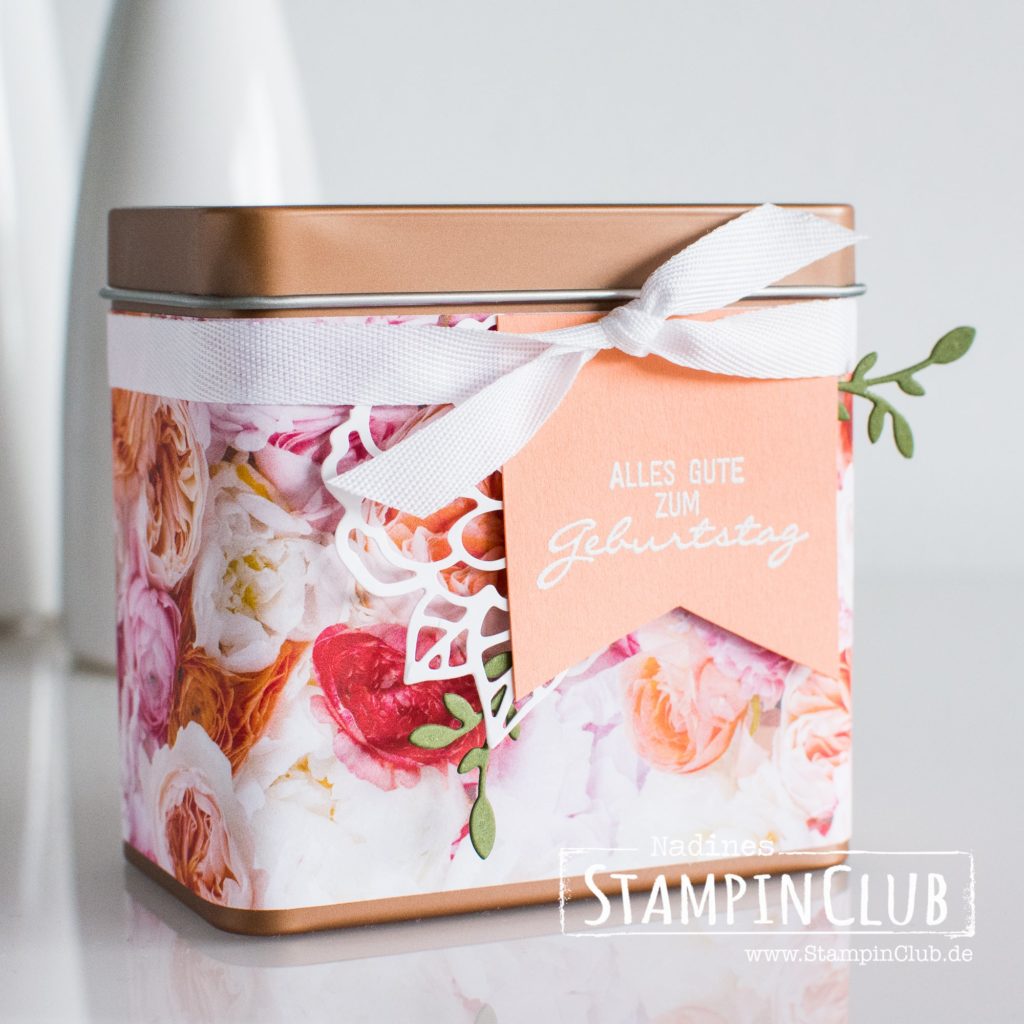 Blütenpracht, Stampin' Up!, StampinClub, Gartenzauber, Botanical Bliss, Thinlits Zauberhafte Anhänger, Botanical Tags Thinlits, DP Blütenpracht, Petal Promenade DSP, Teedosen in Kupfer, Copper Tea Tins