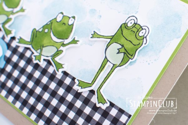 Stampin' Up!, StampinClub, Froschkönig, Framelits Formen Am Froschteich, Hop Around Framelits Dies, Stanze Wunsch-Etikett, Story Label Punch, Werkstattworte, Geared Up Garage