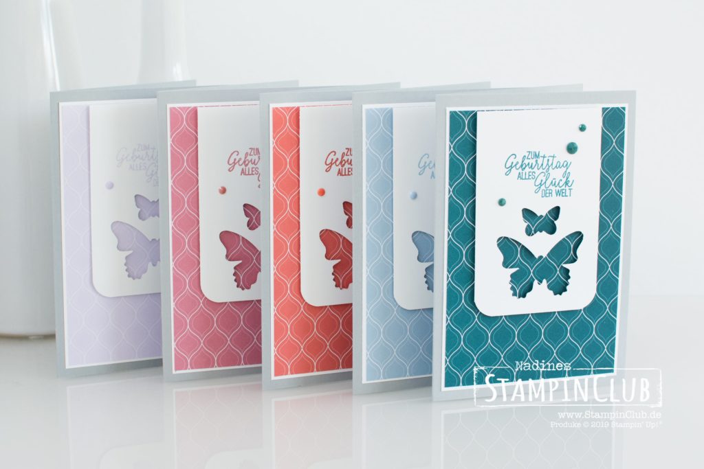 Stampin' Up!, StampinClub, Designerpapier In Color 2019-2021, 2019-2021 In Color DSP, Schmetterlingsglück, Stanze Schmetterlingsduett, Facettierte Akzente In Color 2019-2021, 2019-2021 In Color Faceted Dots, Dekorative Details Trio-Stanze