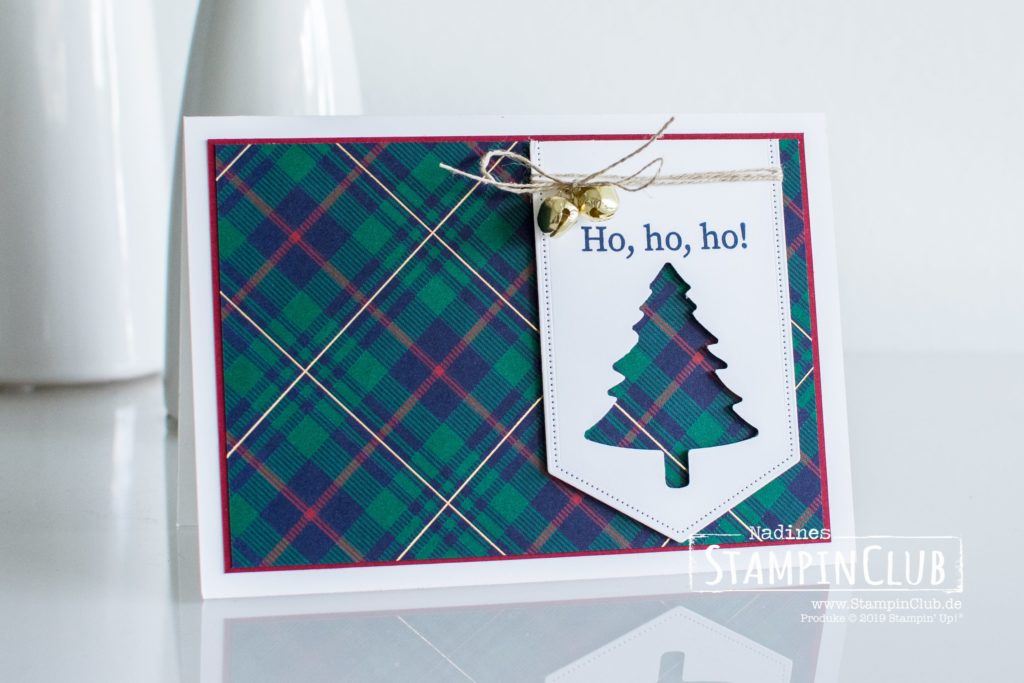 Stampin' Up!, StampinClub, Tannen & Karos, Perfectly Plaid, Besonderes Designerpapier Festliche Karos, Wrapped in Plaid Speciality DSP, Raffiniert Bestickte Rahmen, Stanze Nadelblaum, Pine Tree Punch, Glöckchen