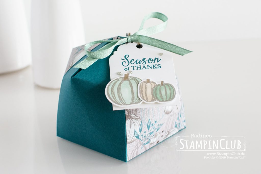 Stampin' Up!, StampinClub, Dome box, Kuppel-Box, Verpackung, Designerpapier Herbstfreuden, Come to gather DSP, Gather together, Stanzformen Herbstlaub, Gathered Leaves Dies