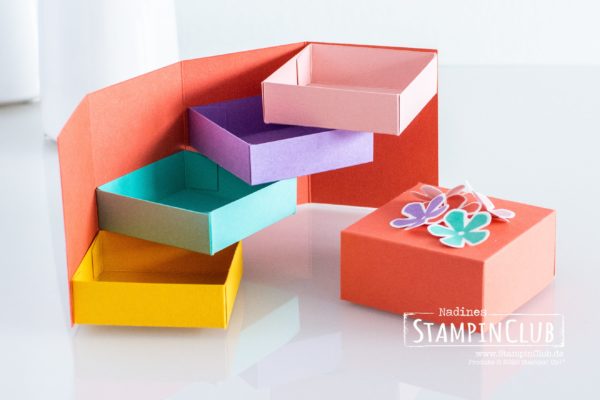 Stampin' Up!, StampinClub, Designerpapier Wunderbar ausstanzbar, Pleased as Punch DSP, Verpackung, Mini Stepper Box, Blumige Überraschung, Thoughtful Blooms, Stanze Kleine Blume, Small Bloom Punch