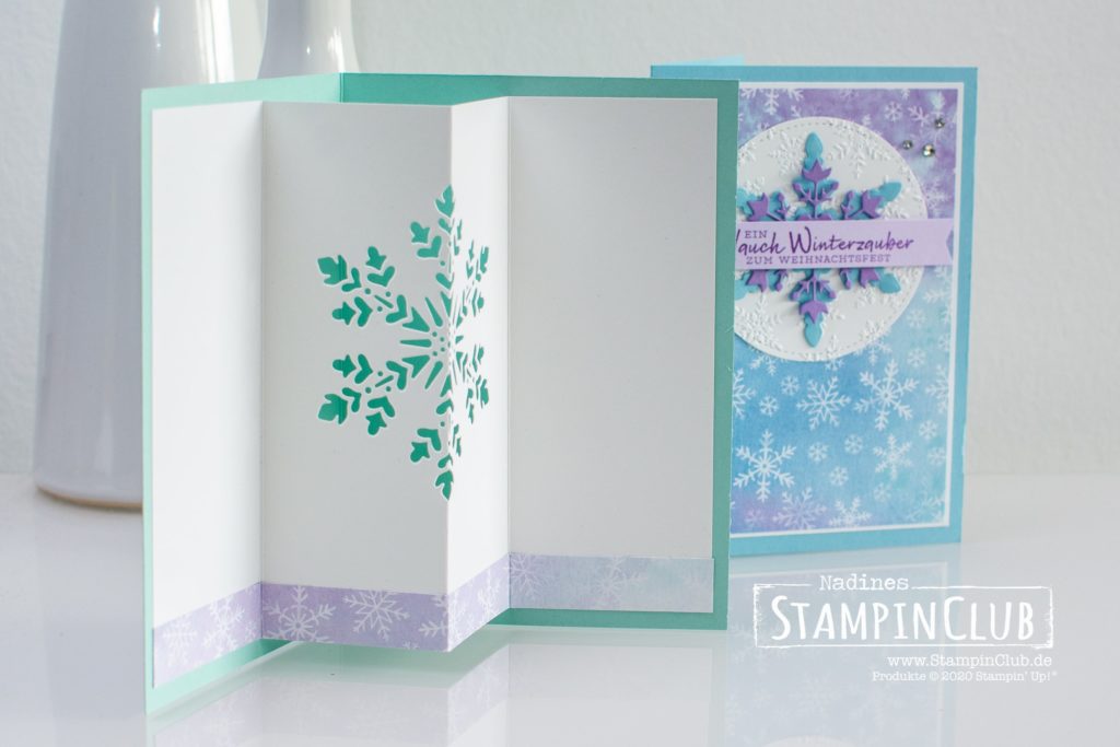 Stampin' Up!, StampinClub, Designerpapier Schneeflockentraum, Schneeflockenwünsche, Stanzformen So viele Flocken, 3D Prägeform Schneekristalle, Winter Snow Embossing Folder, Stanze nach Wahl Fähnchen