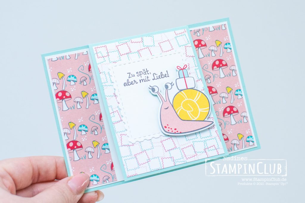 Stampin' Up!, StampinClub, Schneckenpost, Snailed It, Stanzformen Schnecke, Snail Dies, Designerpapier per Schneckenpost, Snail Mail DSP, Front-Flip-Karte