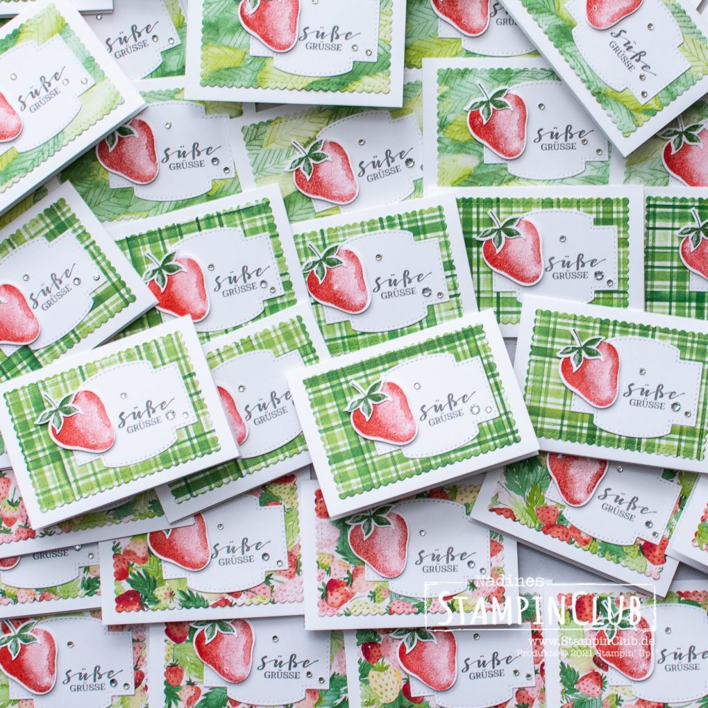 Stampin' Up!, StampinClub, Beerenstark, Sweet Strawberry, Elementstanze Erdbeere, Strawberry Builder Punch, Designerpapier Sommerbeeren, Berry Delightful DSP, Stanzformen So hübsch bestickt