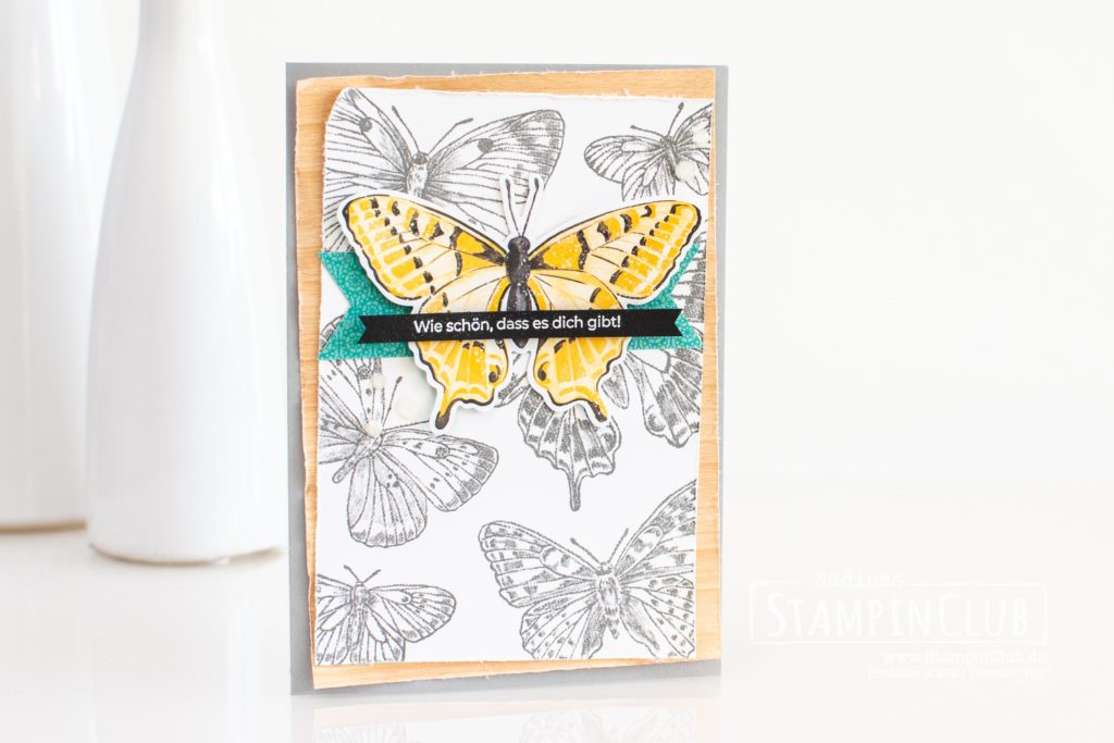 Stampin' Up!, StampinClub, Butterfly Brilliance, Stanzformen Fabelhafte Falter, Brilliant Wings Dies, Designerpapier Schmetterlingsschmuck, Butterfly Bijou DSP, Spezialpapier Holztextur, Natural Touch Speciality Paper