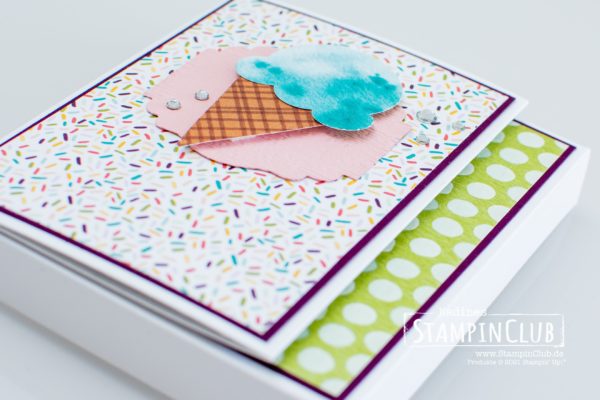 Stampin' Up!, StampinClub, Ritter Sport, Verpackung, Designerpapier Eisdiele, Ice Cream Corner DSP, Elementstanze Eistüte, Ice Cream Cone Builder Punch, Stanze Entzückendes Etikett, Eiszeit, Sweet Ice Cream
