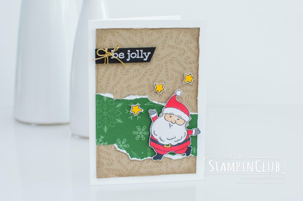 Stampin' Up!, StampinClub, Weihnachten, Be Jolly, Stampin' Blends Alkoholmarker, Sale-A-Bration 2021, Designerpapier Weihnachtliche Prints, Peaceful Prints DSP, Weihnachtskarte, Hintergrundstempel Candy Canes, Candy Canes Background Stamp