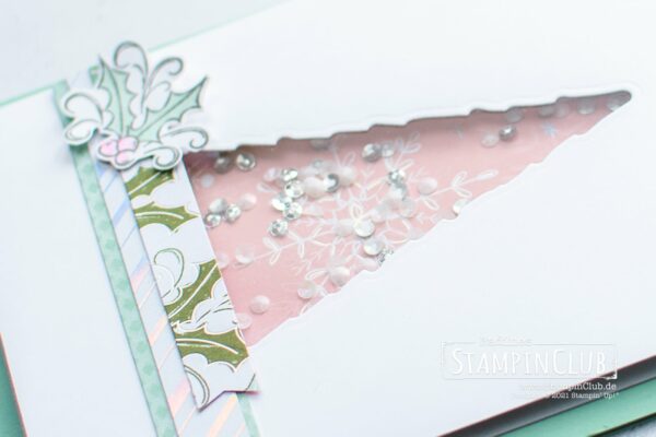 Stampin' Up!, StampinClub, Schüttelkarte, Shaker Card, Weihnachtskarte, Besonderes Designerpapier Zauber der Feiertage, Baumzauber, Stanzformen Weihnachtsbäume
