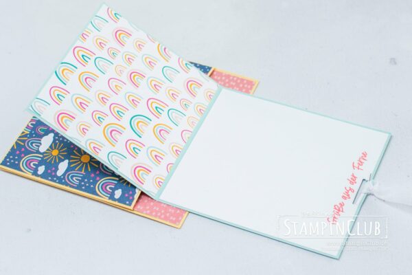 Stampin' Up!, StampinClub, Popping Flap Karte. Farbenfrohe Freude, Rainbow of Happiness, Designerpapier Sonnenschein und Regenbogen, Sunshine & Rainbows DSP