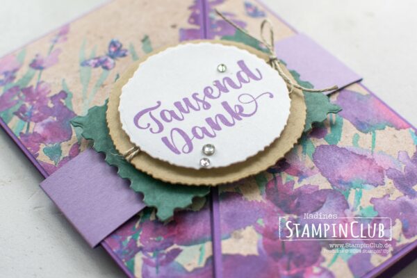 Stampin' Up! Designerpapier Lavendelblüte, Perennial Lavender DSP, Stanzformen Bezaubernde Botschaft, Perennial Postage Dies, Stanzformen Kreise mit Büttenrand, Florale Freundschaft